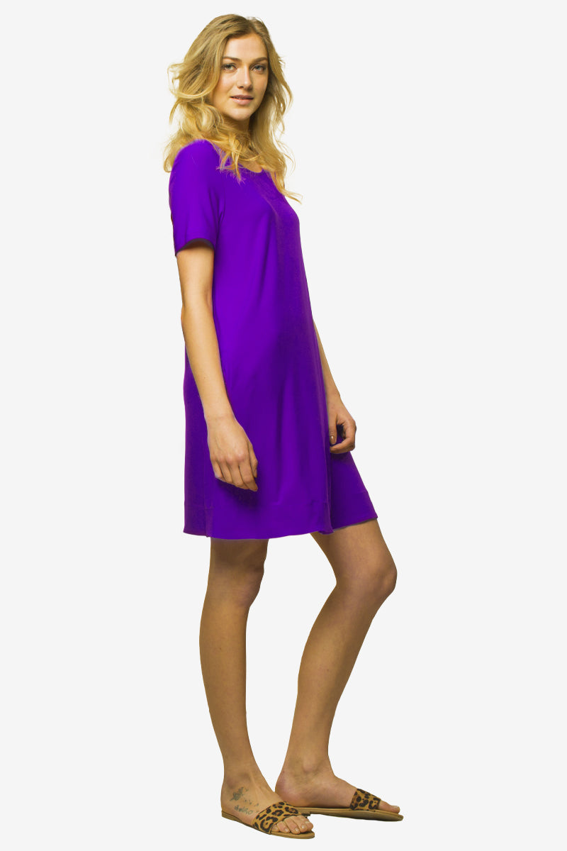 Women Short Sleeve A-Line Pocket Dress Purple