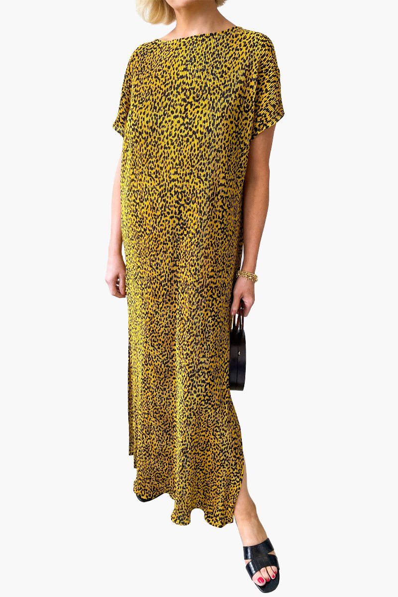 Women's Leopard Print Pleated Side Split Maxi Long Dress