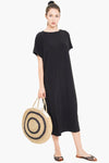 Women's Black Boat Neck Short Sleeve Mid Length Dress