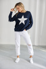 Jovie The Label Freedom Sweater Navy Women's Long Sleeve Sweater Top Start Print Crew Neck Top