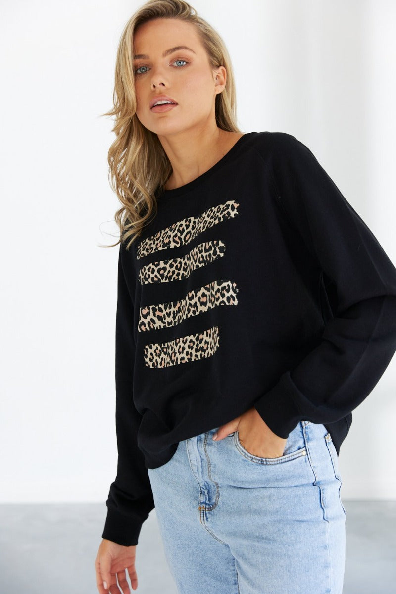 Jovie The Label Kandi Sweater Black Leopard Stripe Print Pattern Women's Top 