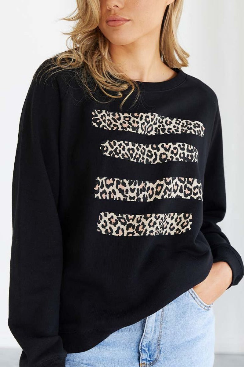 Jovie The Label Kandi Sweater Black Leopard Stripe Print Pattern Women's Top