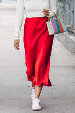 Women's Red Satin Midi Tulip Pull On Skirt
