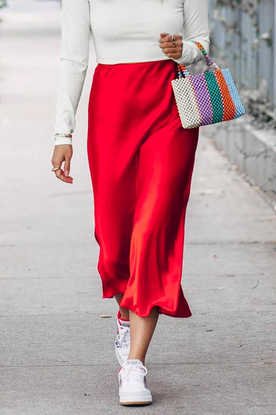 Red Satin Tulip Skirt, Red Satin Skirt
